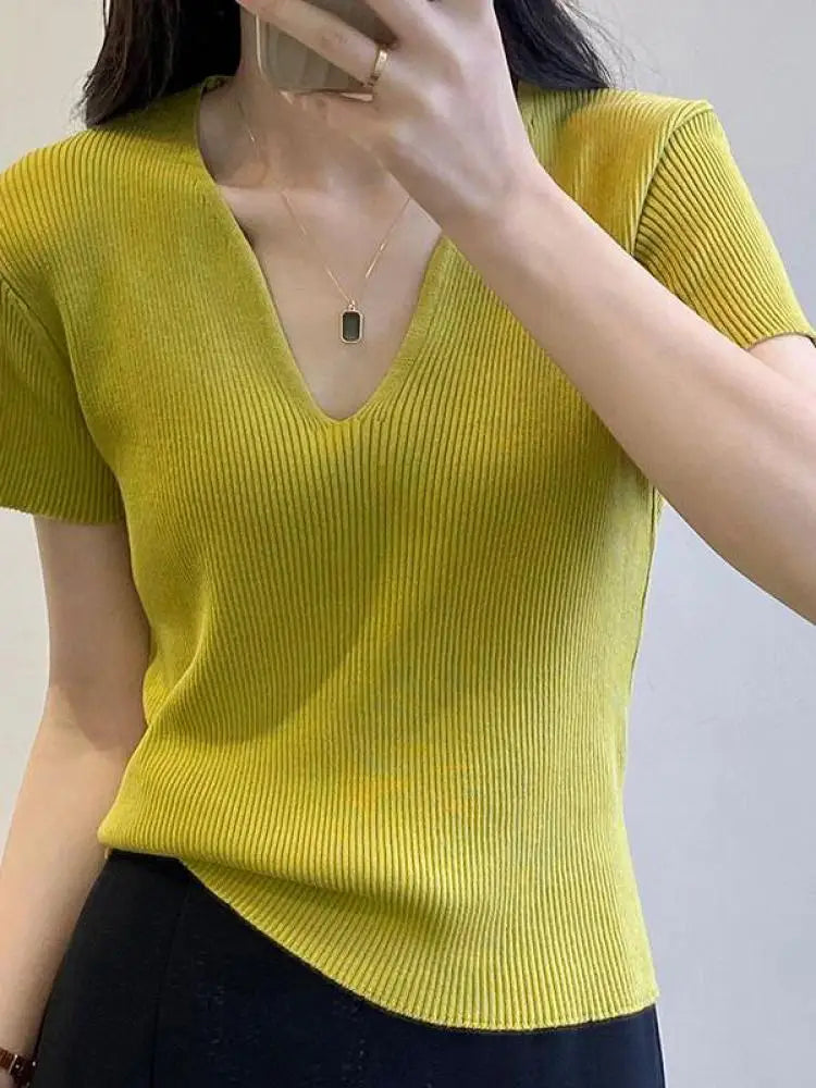 Basic V-neck Summer Knitted Ribbed Slim Short Sweater