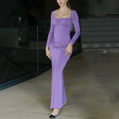Long Sleeve Party Dresses High Waist Slim Fit ’s Evening Dress Color Pleated Long Dresses