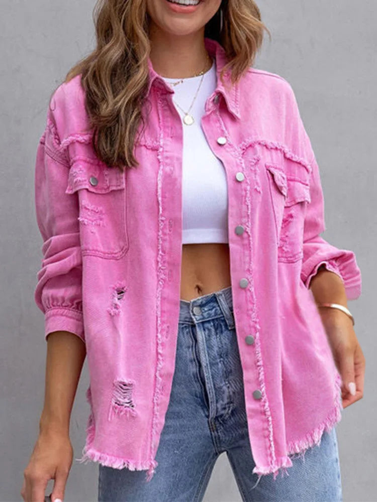 Holes Raw-edges Denim Jacket Spring Autumn Shirt Style Jeancoat Top Rose-red Orange Purple Outerwear Lady Coat