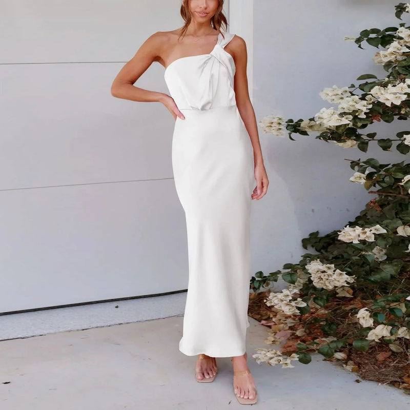 One-shoulder Satin French Slim Midi Dresses