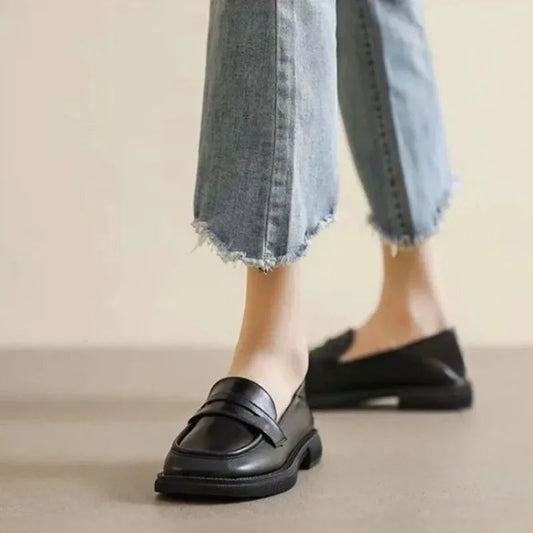 Black Leather Slip on British Style Low Heels Spring Platform Flats Loafers