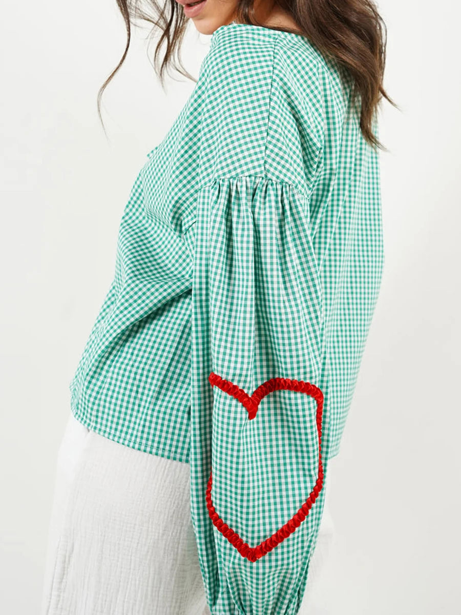 Plaid Heart Trim Tie-up Blouse