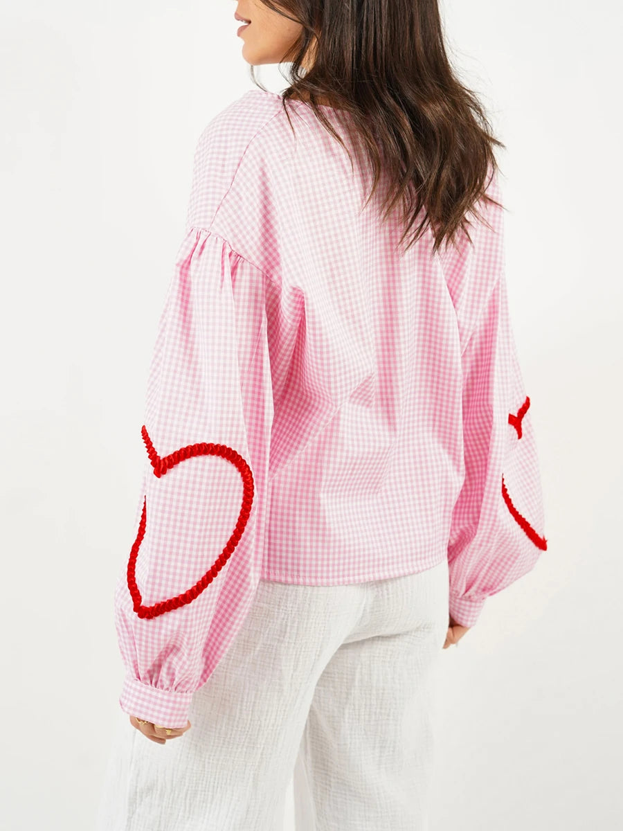 Plaid Heart Trim Tie-up Blouse