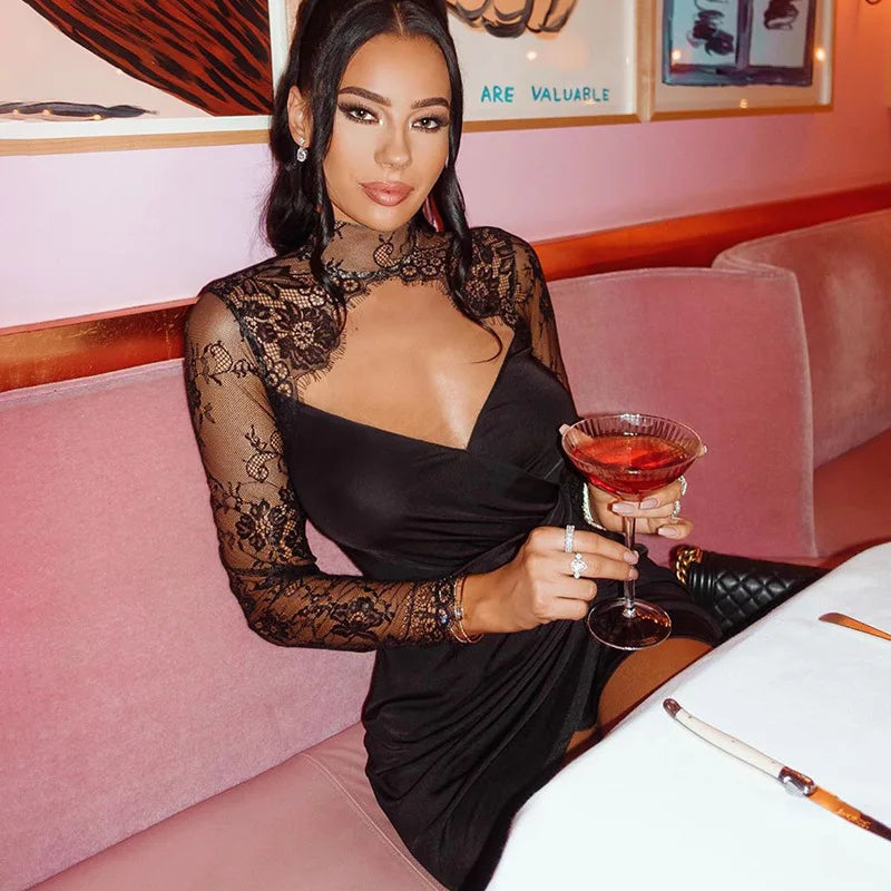 Splicing Long-sleeved Femininity V-neck Crop Party Midi Dresses