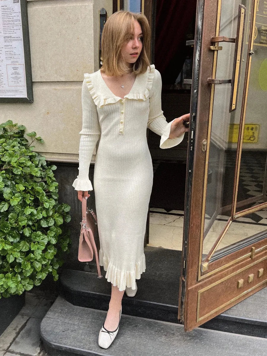 Ruffled Long-sleeved High-waisted French Creamy White Midi Dresses