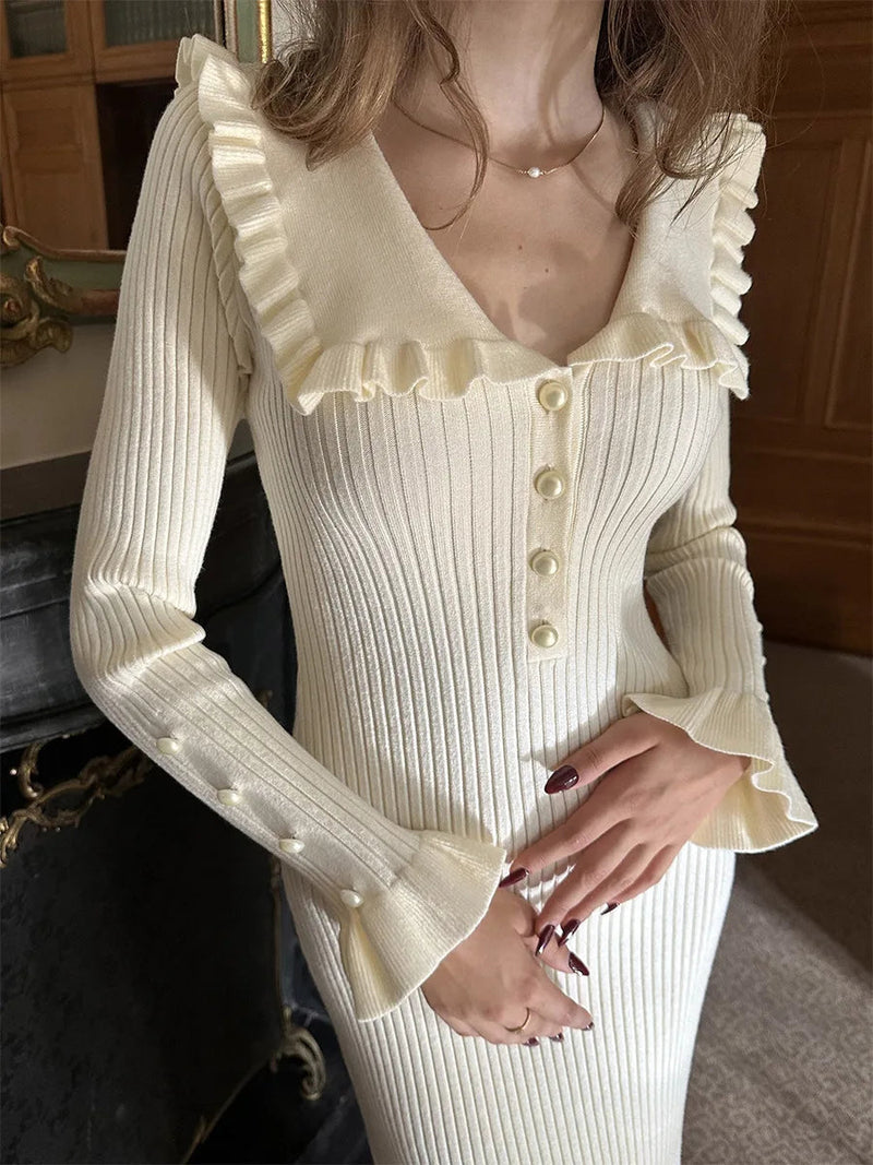 Ruffled Long-sleeved High-waisted French Creamy White Midi Dresses