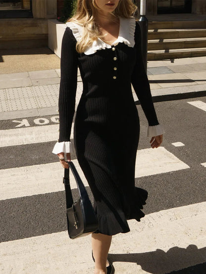 Ruffled Long-sleeved High-waisted French Creamy White Midi Dresses