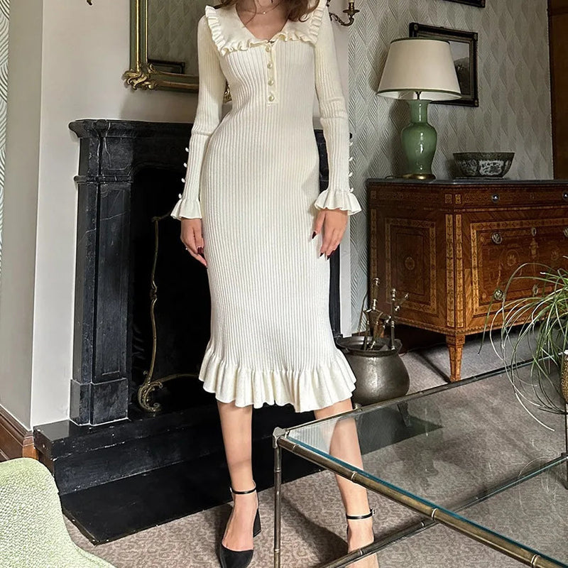 Ruffled Long-sleeved High-waisted French Creamy White Midi Dresses