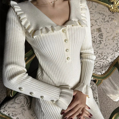 Ruffled Long-sleeved High-waisted French Creamy White Midi Dresses