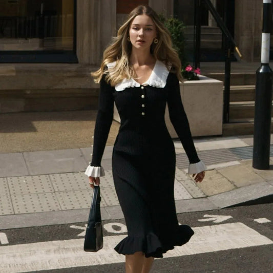 Ruffled Long-sleeved High-waisted French Creamy White Midi Dresses