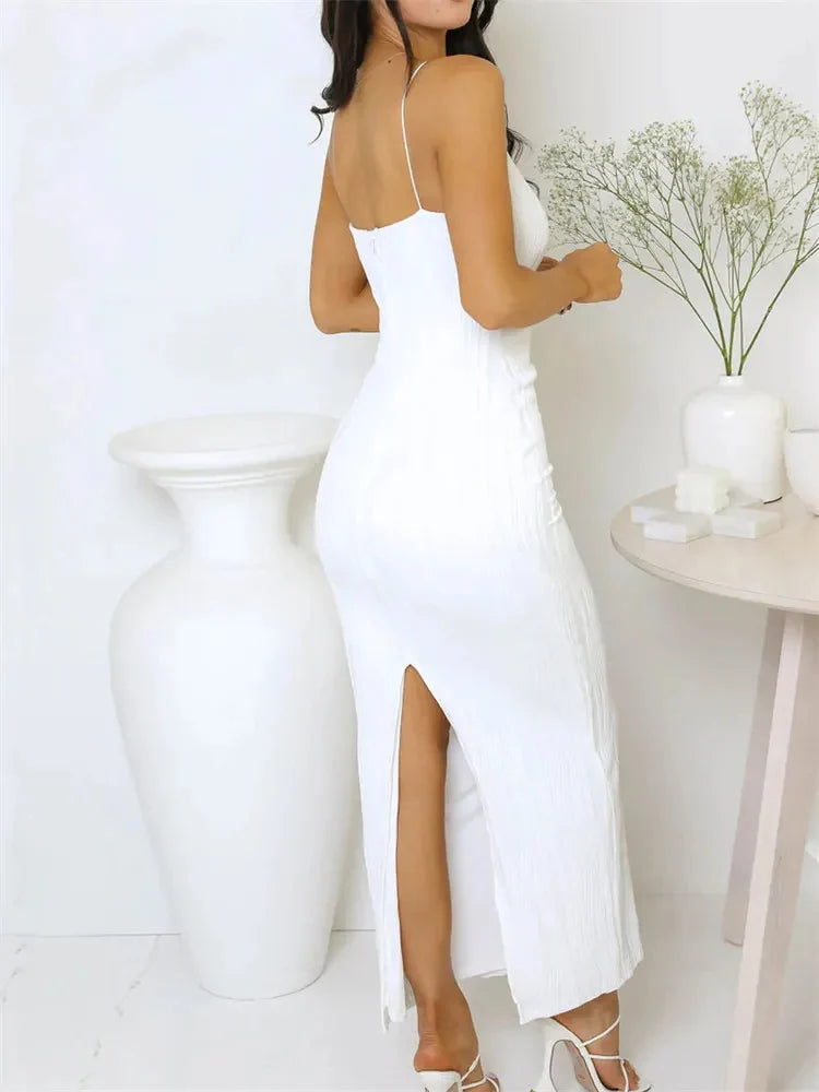 Ruched Sleeveless Summer Split Clubwear Outfits Midi Dresses