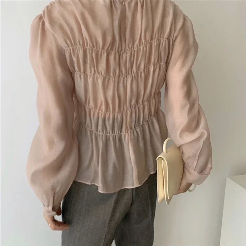 O-neck Puff Long Sleeve Pleated Blouse