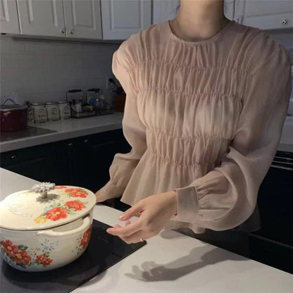 O-neck Puff Long Sleeve Pleated Blouse