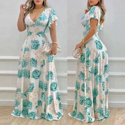 Summer New Flower Print Long Dresses Temperament V-neck Petal Short Sleeves Maxi Dress Lady Commuting Vestido