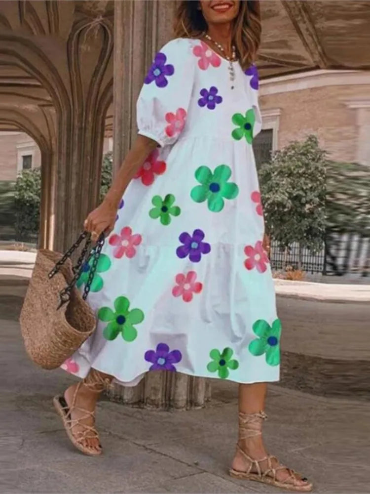 Summer New ’s Print Dress Puff Short Sleeves Ruffles Loose A-line Midi Dresses Beach Vacation Vestidos