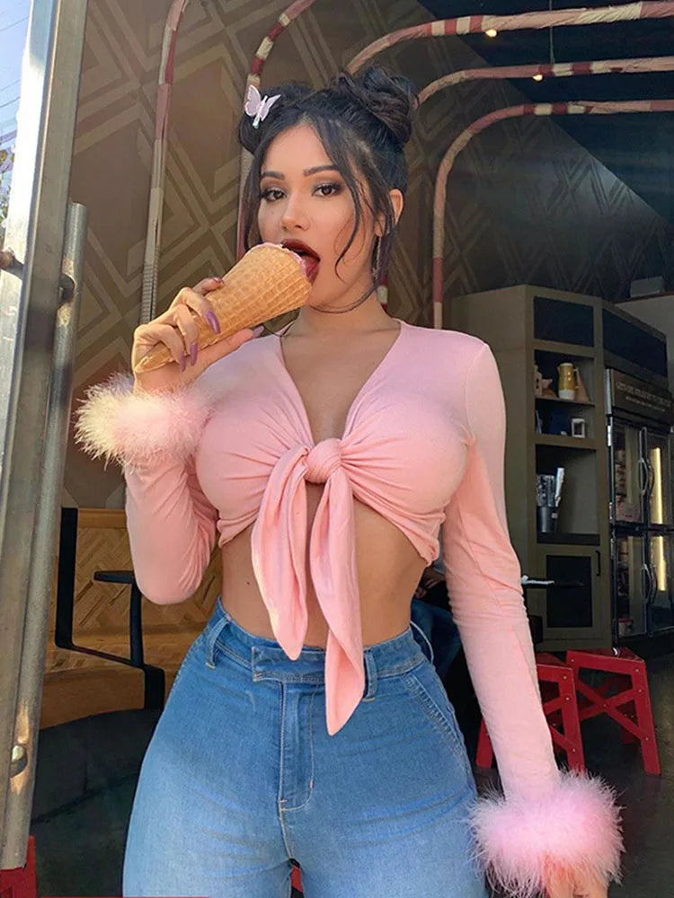 Long Sleeve Fur V-neck Wrapped Bandage Crop Tops Autumn Winter Club Party Outfits T-shirts