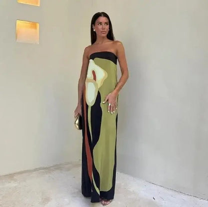Printed Strapless Backless Long Dress - Summer Sleeveless