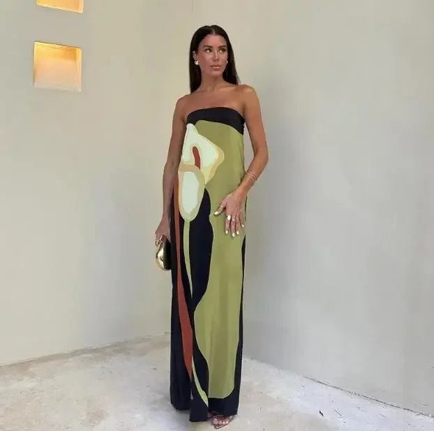 Printed Strapless Backless Long Dress - Summer Sleeveless