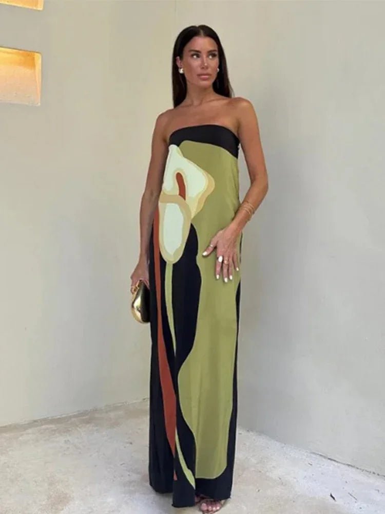 Printed Strapless Backless Long Dress - Summer Sleeveless
