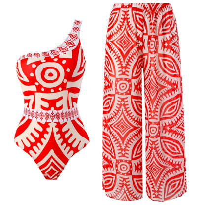 Printed One Shoulder Tummy Control Swimsuit and Wide Leg Cover Up Pants Set