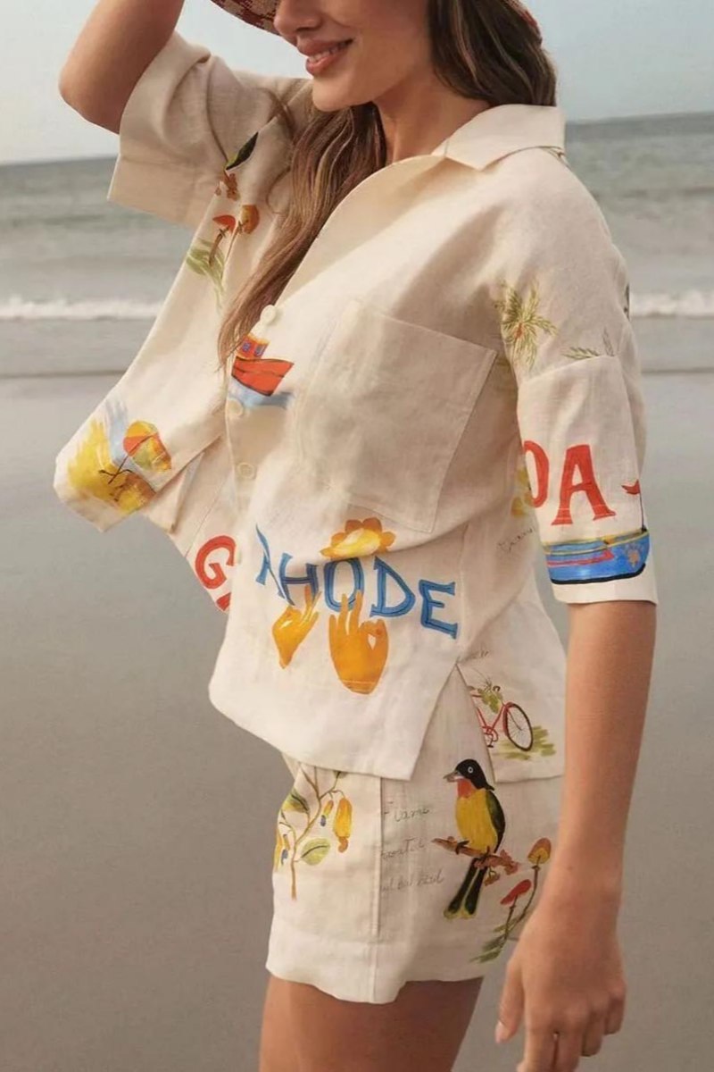Unique Holiday Folk Print Loose Shorts Two-piece Set