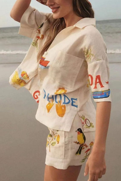 Unique Holiday Folk Print Loose Shorts Two-piece Set