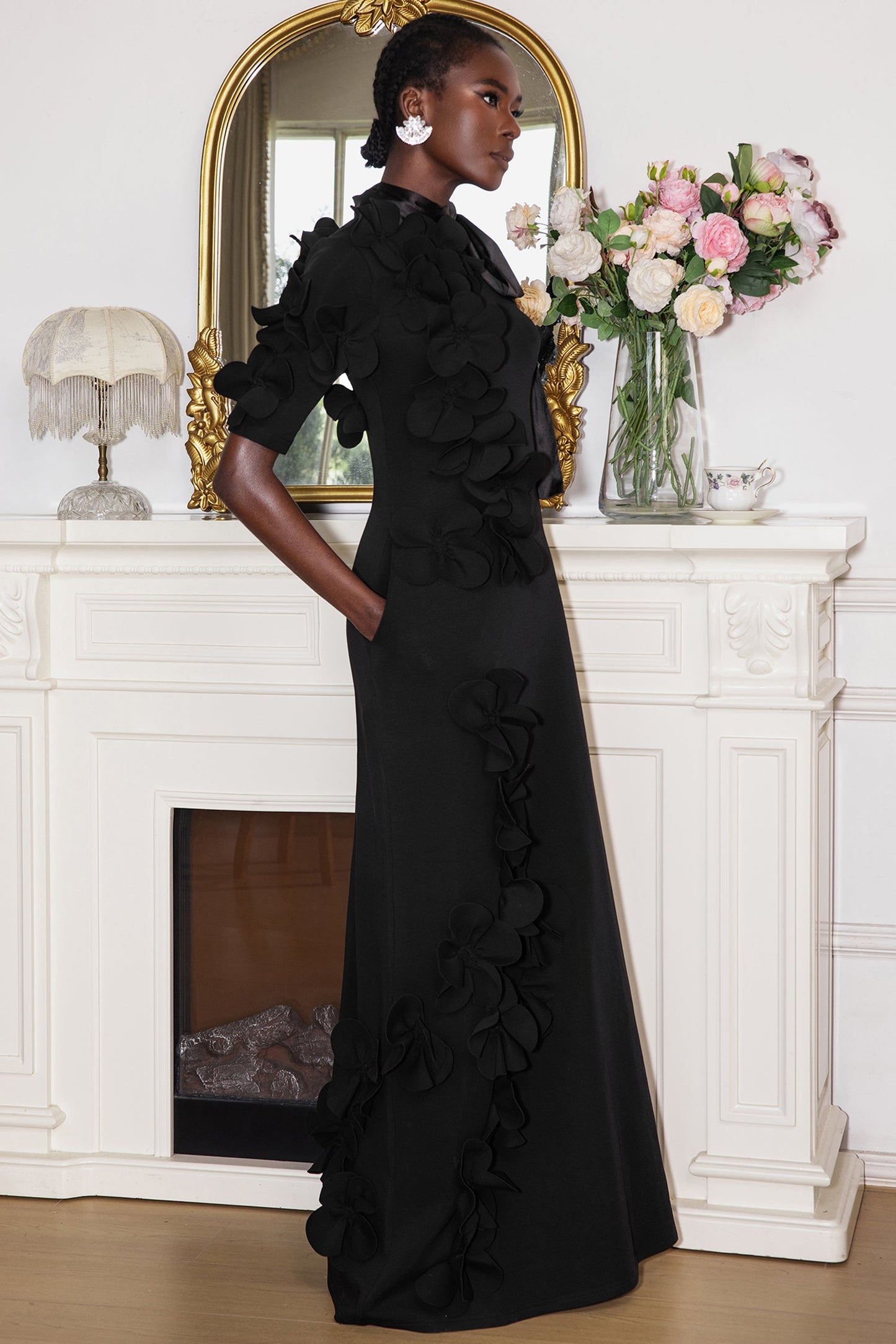3d Flower Lace Up Mid Sleeve Maxi Dress