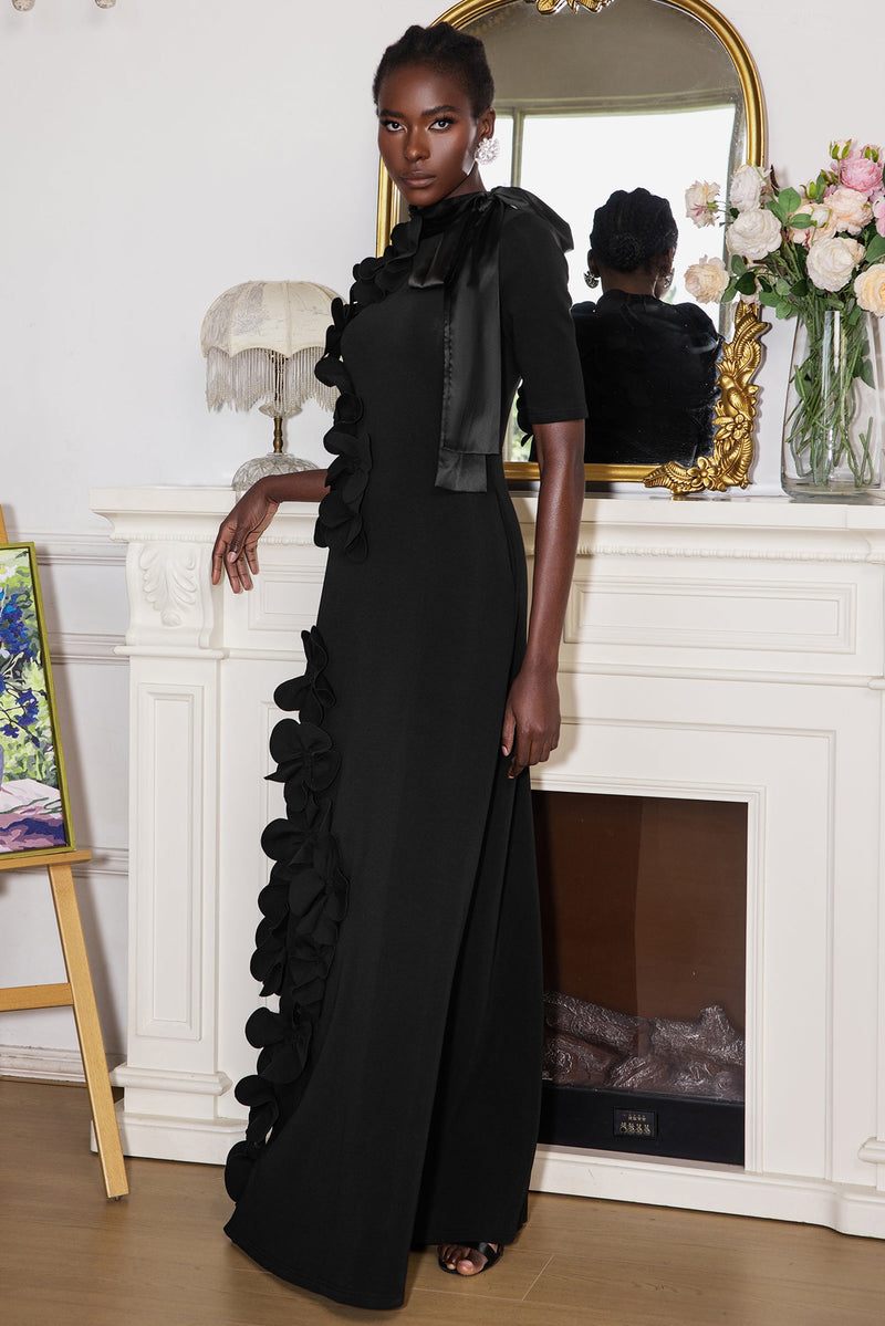 3d Flower Lace Up Mid Sleeve Maxi Dress