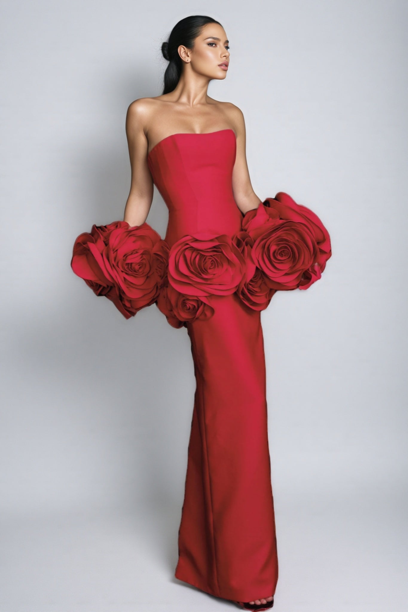 Huxen Red Backless Plunge 3d Maxi Dress