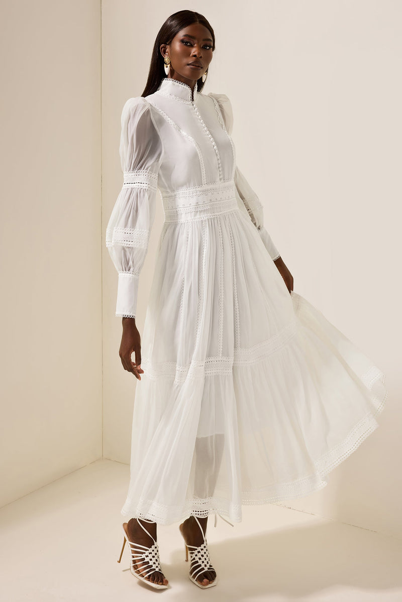Stand Collar Puff Sleeve Lace Midi Dress