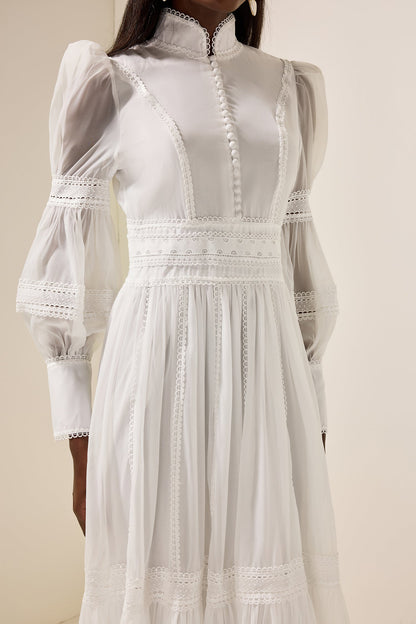 Stand Collar Puff Sleeve Lace Midi Dress
