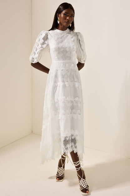 Round Neck Lace Puff Sleeve Midi Dress