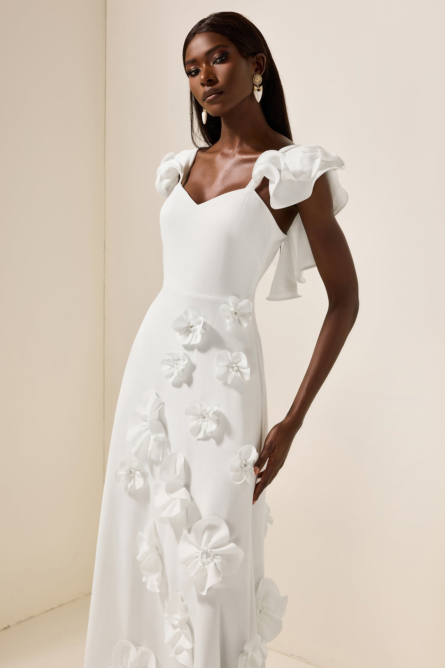 3d Flower Frill Sleeveless Maxi Dress
