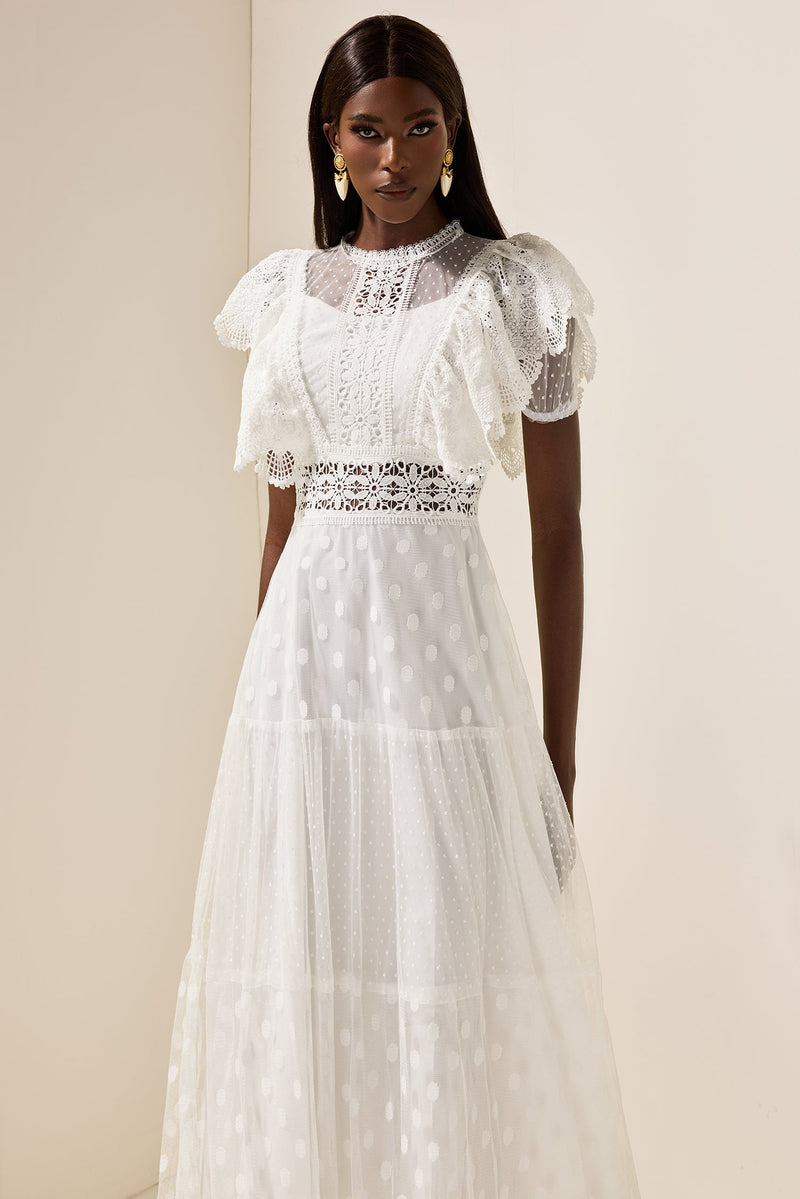 Mesh Lace Frill Midi Dress