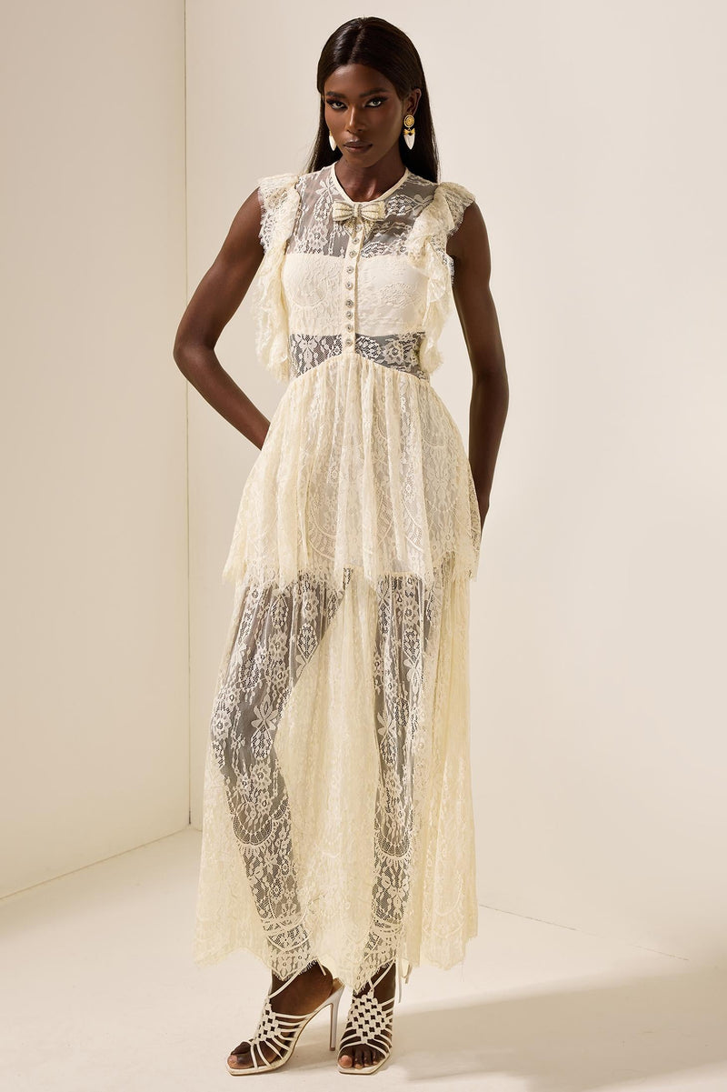 Lace Bow Frill Round Neck Midi Dress