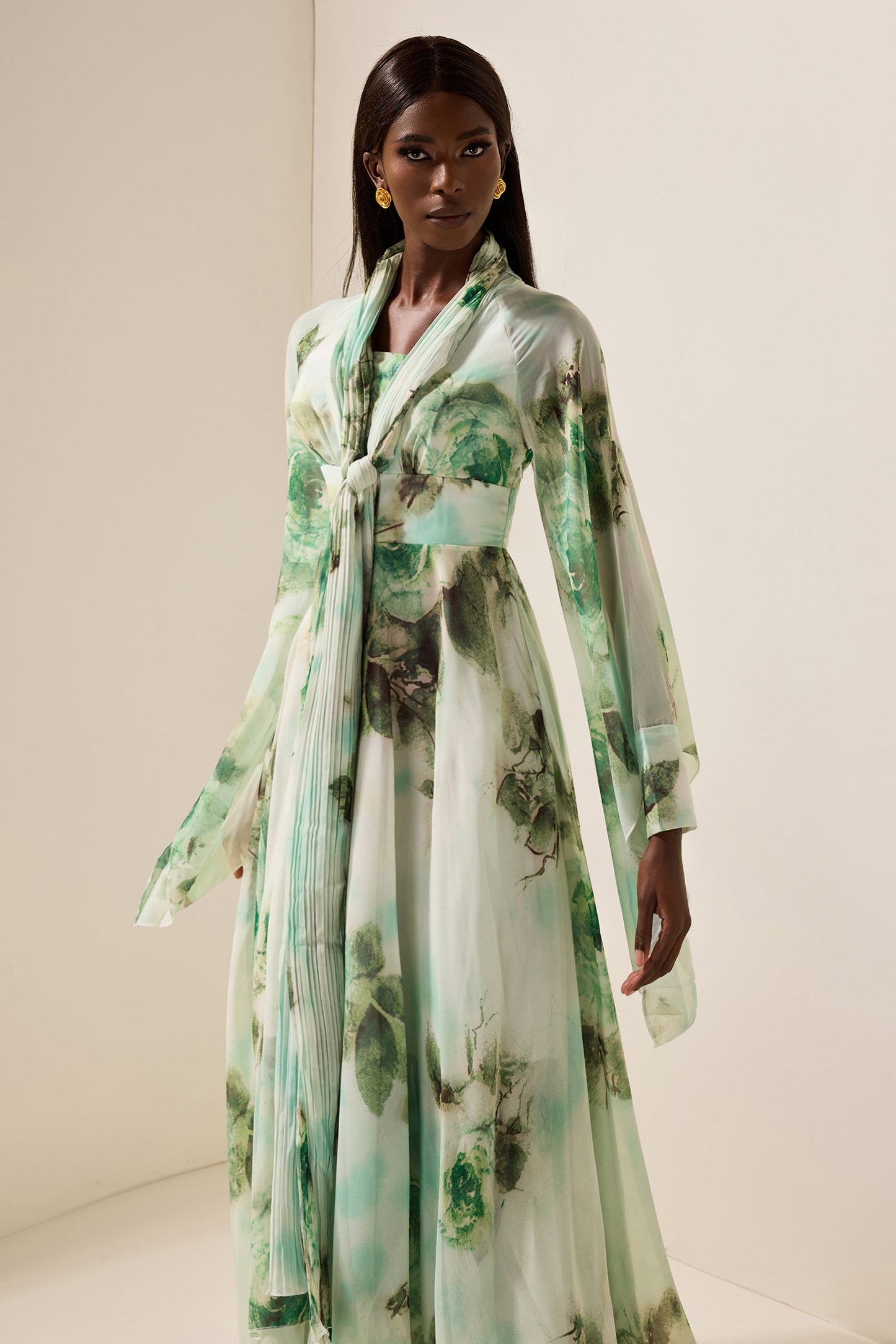 Lace Up Long Sleeve Maxi Dress