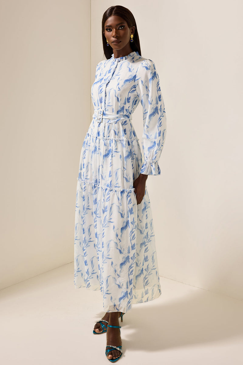 Frill Lantern Sleeve Maxi Dress With Belt