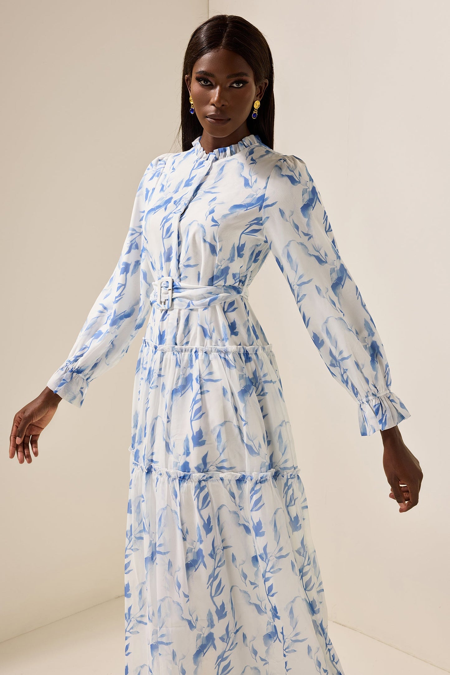 Frill Lantern Sleeve Maxi Dress With Belt