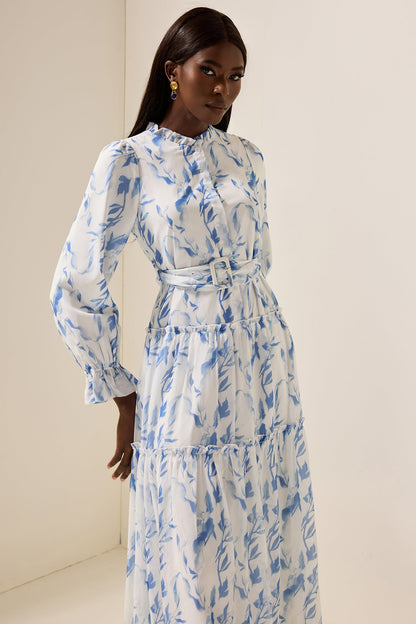 Frill Lantern Sleeve Maxi Dress With Belt