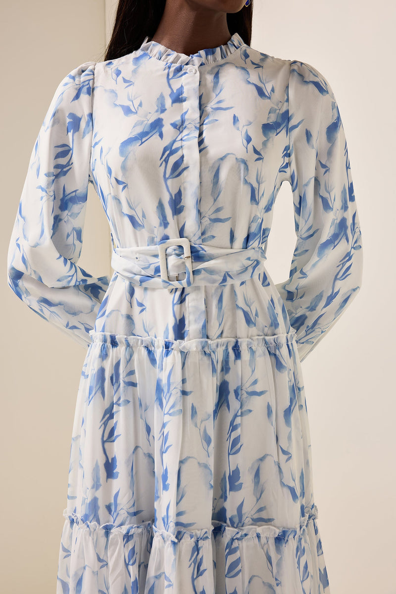 Frill Lantern Sleeve Maxi Dress With Belt