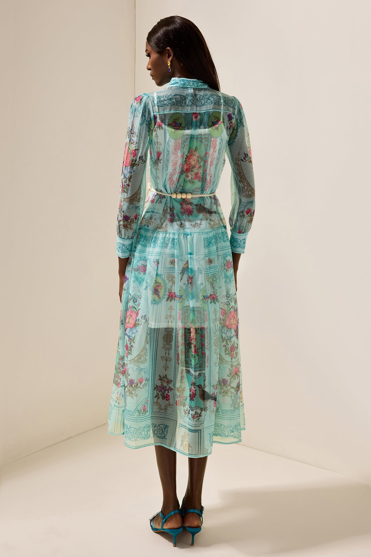 Shirt Collar Lantern Sleeve Midi Dress