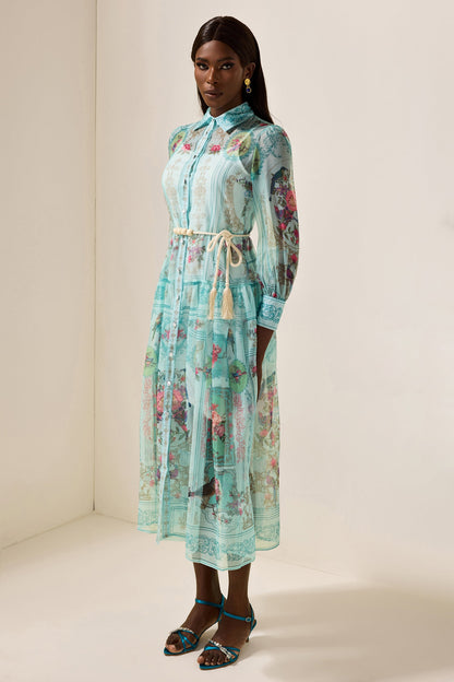 Shirt Collar Lantern Sleeve Midi Dress
