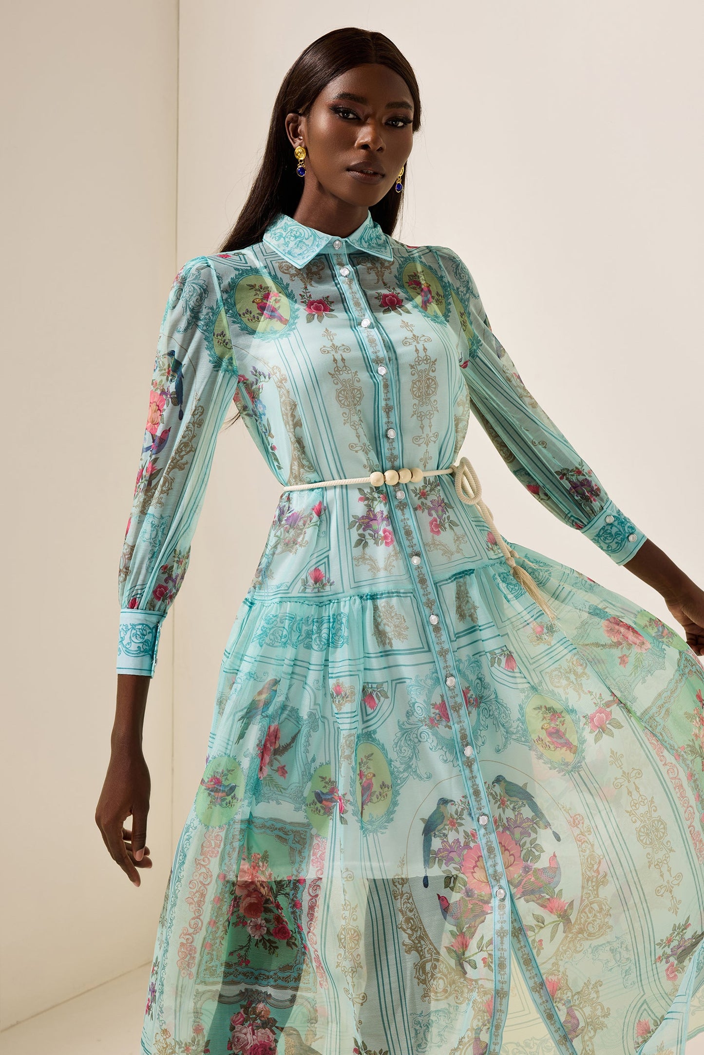 Shirt Collar Lantern Sleeve Midi Dress