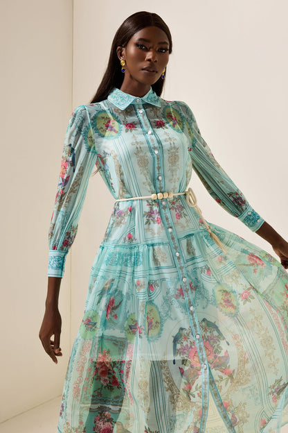 Shirt Collar Lantern Sleeve Midi Dress