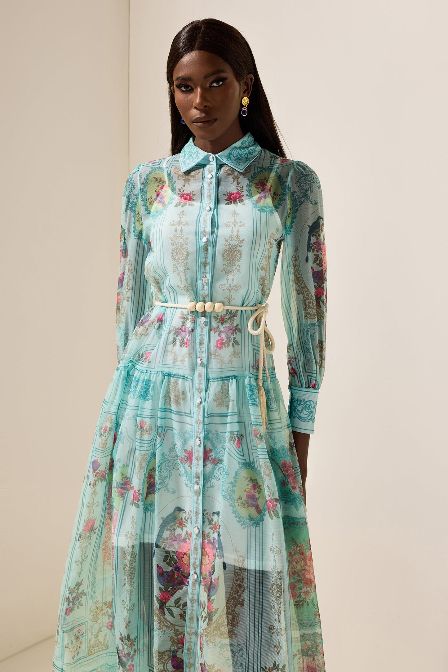 Shirt Collar Lantern Sleeve Midi Dress
