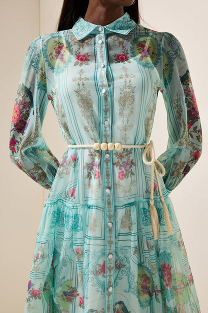 Shirt Collar Lantern Sleeve Midi Dress