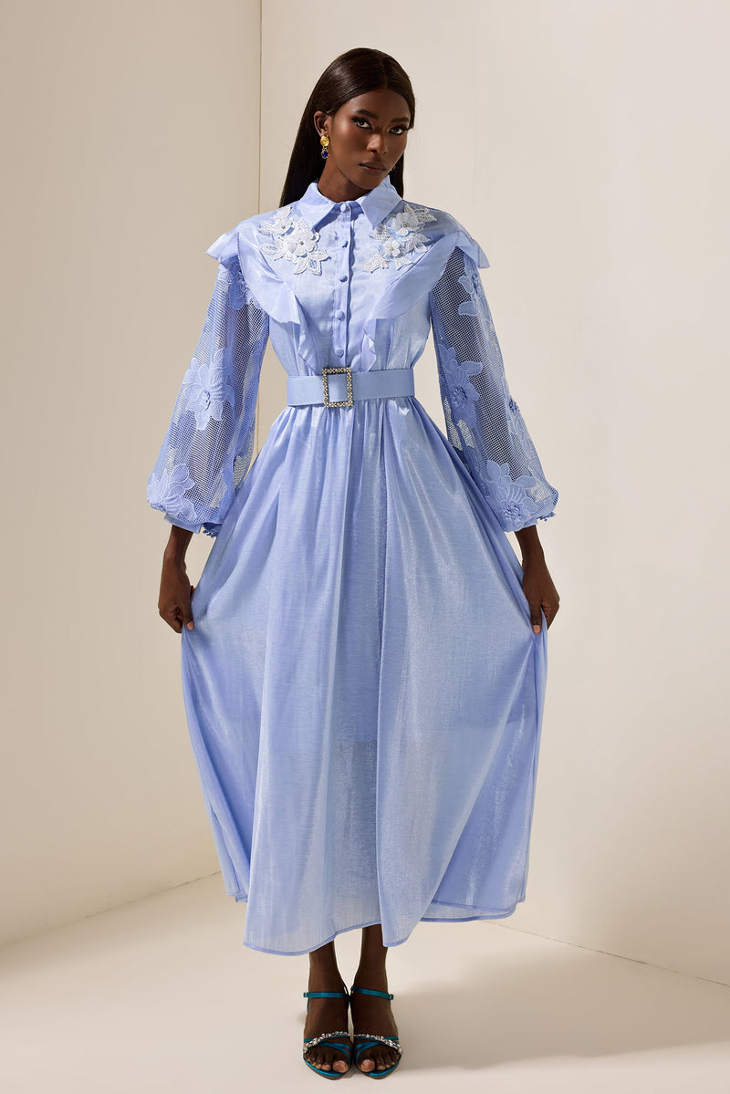 Lace Frill Midi Dress With Belt