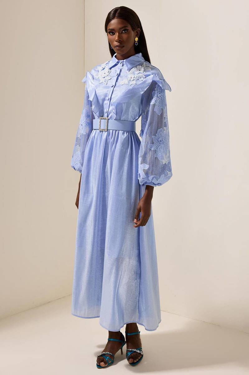 Lace Frill Midi Dress With Belt