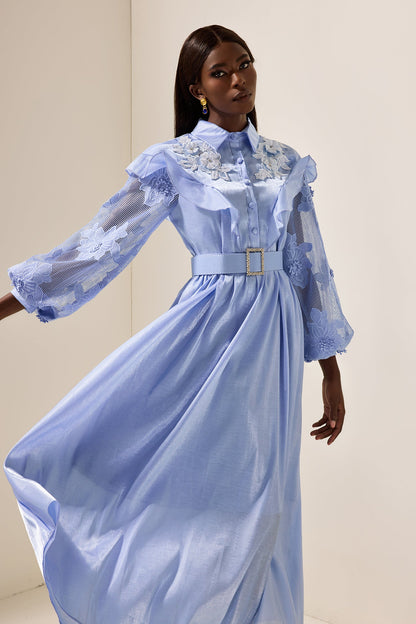 Lace Frill Midi Dress With Belt
