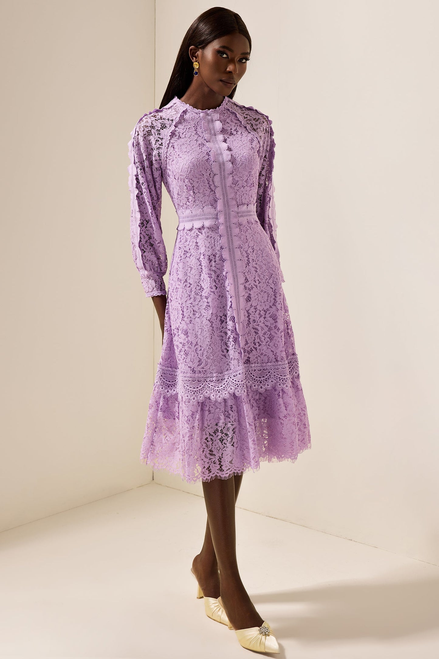Embroidered Frill Midi Dress